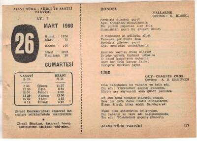 26 Mart 1960 Ajans Türk Takvim Yaprağı (Şiirli Saatli) EFM(N)1552 - 1