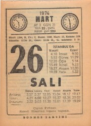 26 Mart 1974 Takvim Yaprağı EFM(N)5905 - Gökçekoleksiyon