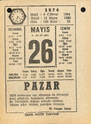 26 Mayıs 1974 Takvim Yaprağı - Doğum Günü Hediyesi EFM(N)11980 - Gökçekoleksiyon