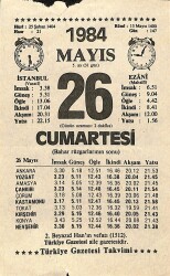 26 Mayıs 1984 Takvim Yaprağı - Doğum Günü Hediyesi EFM(N)11250 - Gökçekoleksiyon