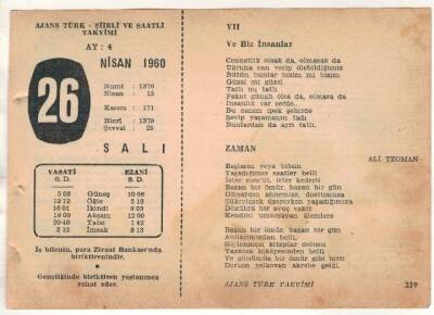 26 Nisan 1960 Ajans Türk Takvim Yaprağı (Şiirli Saatli) EFM(N)1583 - 4