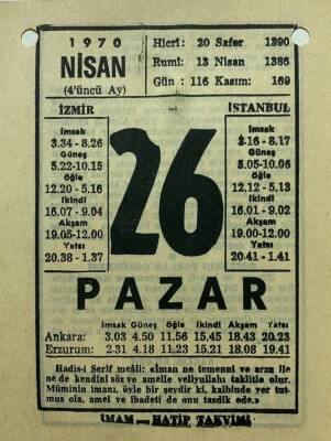 26 Nisan 1970 Takvim Yaprağı - Doğum Günü Hediyesi EFM(N)8281 - 1
