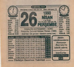 26 Nisan 1990 Takvim Yaprağı EFM(N)6179 - Gökçekoleksiyon