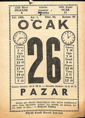 26 Ocak 1969 Takvim Yaprağı - Doğum Günü Hediyesi EFM(N)11023 - 1