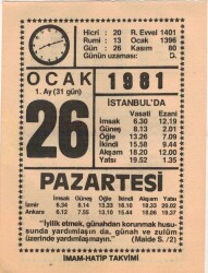26 Ocak 1981 Takvim Yaprağı EFM(N)4672 - Gökçekoleksiyon