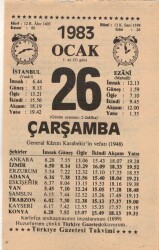 26 Ocak 1983 Takvim Yaprağı EFM(N)4579 - Gökçekoleksiyon