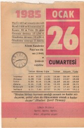 26 Ocak 1985 Takvim Yaprağı EFM(N)4796 - Gökçekoleksiyon