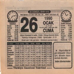 26 Ocak 1990 Takvim Yaprağı EFM(N)4703 - Gökçekoleksiyon
