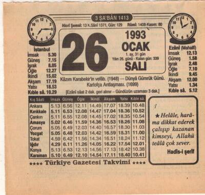 26 Ocak 1993 Takvim Yaprağı EFM(N)4858 - 1