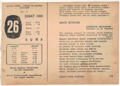 26 Şubat 1960 Ajans Türk Takvim Yaprağı (Şiirli Saatli) EFM(N)1524 - 3