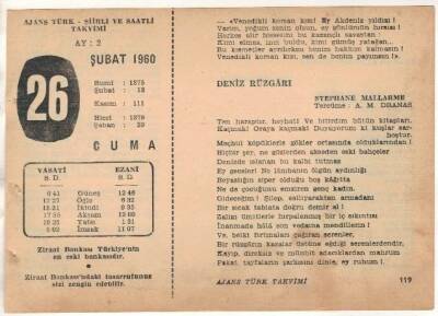 26 Şubat 1960 Ajans Türk Takvim Yaprağı (Şiirli Saatli) EFM(N)1524 - 2