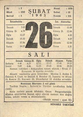 26 Şubat 1963 Takvim Yaprağı - Doğum Günü Hediyesi EFM(N)11295 - 1