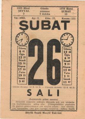 26 Şubat 1963 Takvim Yaprağı EFM(N)5708 - 2