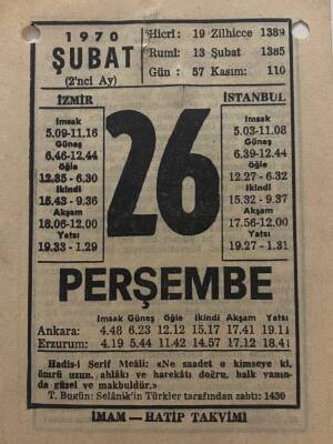 26 Şubat 1970 Takvim Yaprağı - Doğum Günü Hediyesi EFM(N)7776 - 1