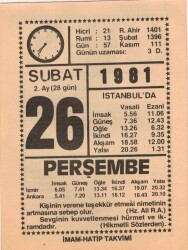 26 Şubat 1981 Takvim Yaprağı EFM(N)5433 - Gökçekoleksiyon