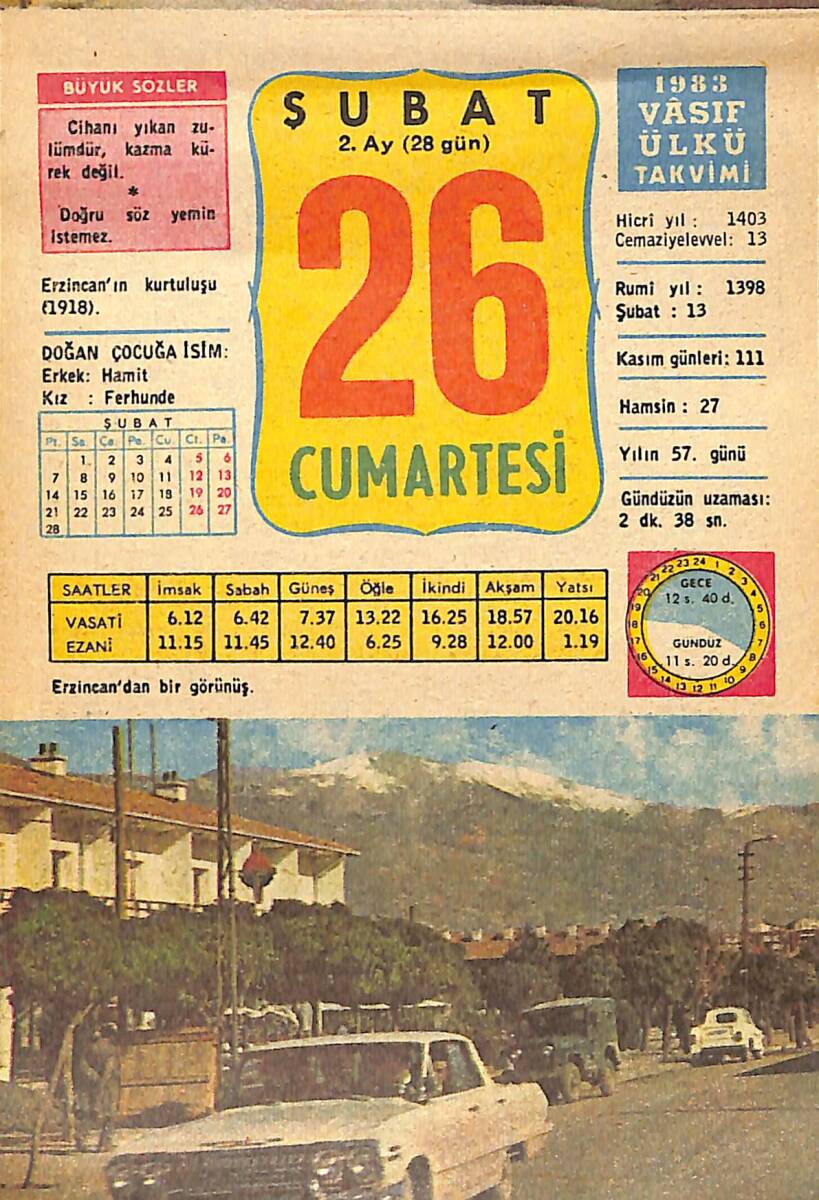 26 Şubat 1983 Takvim Yaprağı - Doğum Günü Hediyesi EFMN15053 - 1