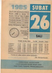 26 Şubat 1985 Takvim Yaprağı EFM(N)5152 - Gökçekoleksiyon