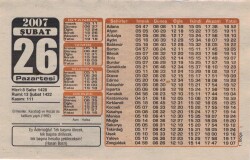 26 Şubat 2007 Takvim Yaprağı EFM(N)5687 - 2