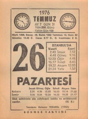 26 Temmuz 1976 Takvim Yaprağı EFM(N)2140 - 1