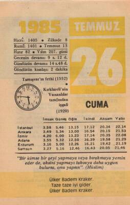 26 Temmuz 1985 Takvim Yaprağı EFM(N)2142 - 1