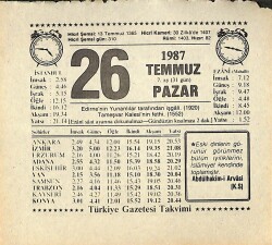 26 Temmuz 1987 Takvim Yaprağı - Doğum Günü Hediyesi EFMN13838 - Gökçekoleksiyon
