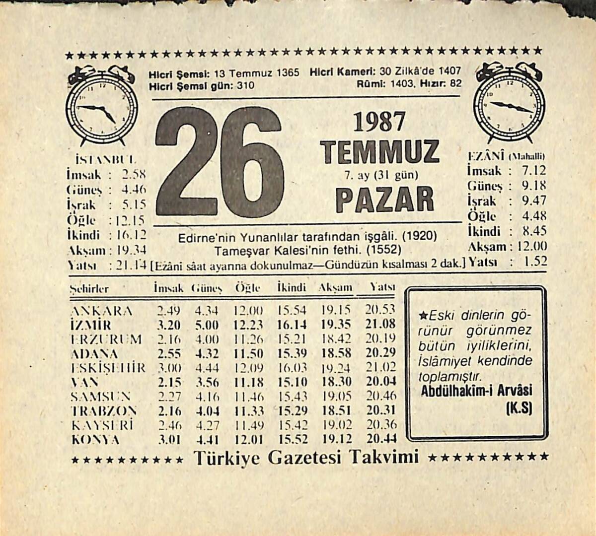 26 Temmuz 1987 Takvim Yaprağı - Doğum Günü Hediyesi EFMN13838 - 1