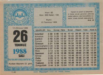 26 Temmuz 1988 Takvim Yaprağı EFM(N)2144 - 1