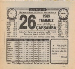 26 Temmuz 1989 Takvim Yaprağı EFM(N)2145 - 2
