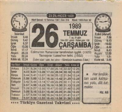 26 Temmuz 1989 Takvim Yaprağı EFM(N)2145 - 2