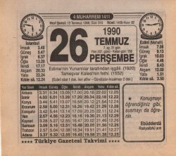 26 Temmuz 1990 Takvim Yaprağı EFM(N)2146 - 2