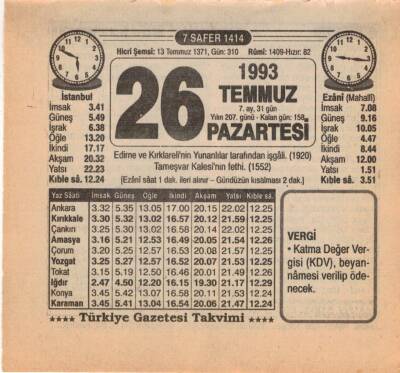 26 Temmuz 1993 Takvim Yaprağı EFM(N)2147 - 1