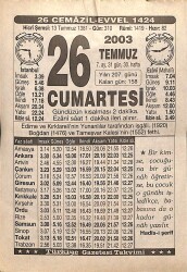 26 Temmuz 2003 Takvim Yaprağı - Doğum Günü Hediyesi EFMN15523 - Gökçekoleksiyon