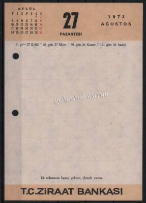 27-28 Ağustos 1973 Ziraat Bankası Takvim Yaprağı EFM622 - 1