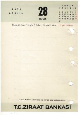 27 - 28 Aralık 1973 Ziraat Bankası Masa Takvimi Takvim Yaprağı EFM1293 - 4