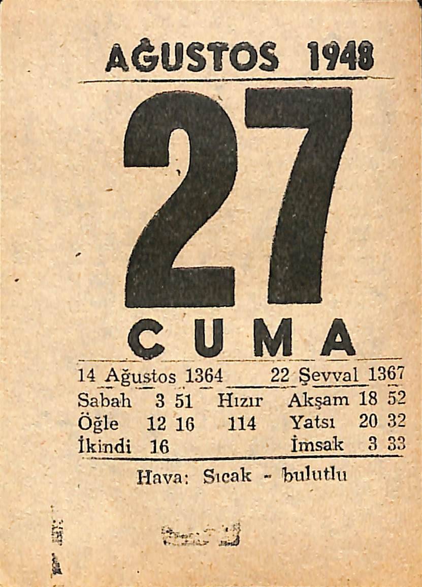 27 Ağustos 1948 Takvim Yaprağı - Doğum Günü Hediyesi EFMN14411 - 1