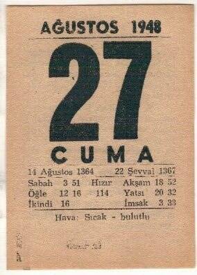 27 Ağustos 1948 Takvim Yaprağı EFM(N)1473 - 4