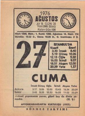27 Ağustos 1976 Takvim Yaprağı EFM(N)2523 - 3
