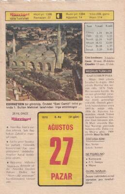 27 Ağustos 1978 Takvim Yaprağı -Doğum Günü Hediyesi EFM(N)6248 - 1