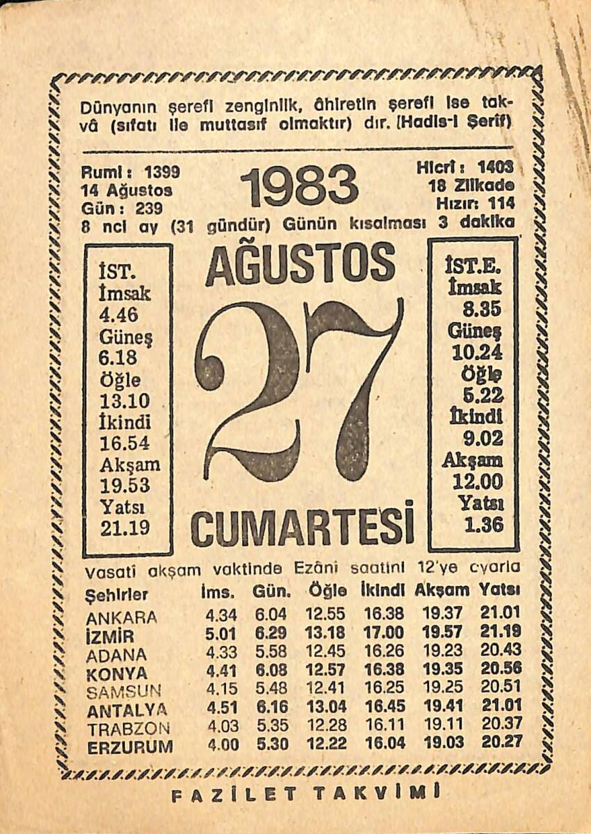 27 Ağustos 1983 Takvim Yaprağı - Doğum Günü Hediyesi EFMN13645 - 1