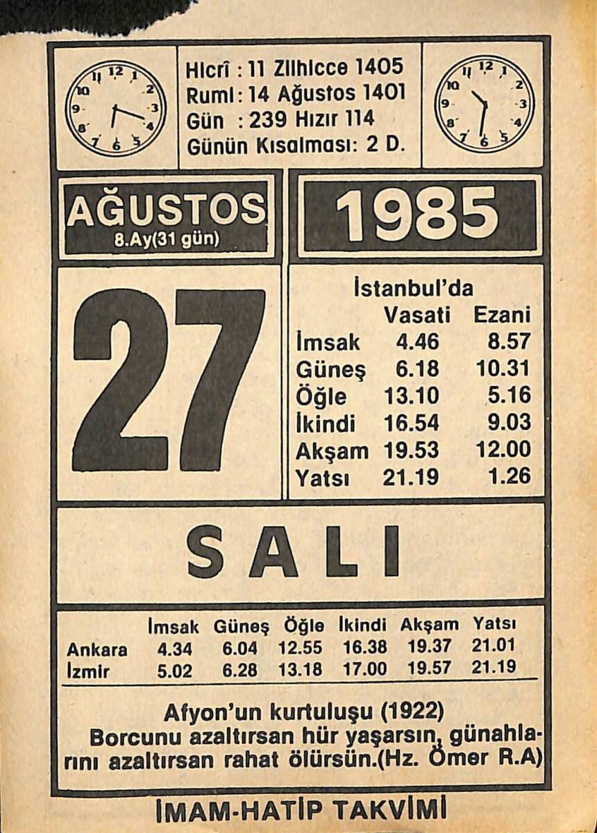 27 Ağustos 1985 Takvim Yaprağı - Doğum Günü Hediyesi EFMN15686 - 1