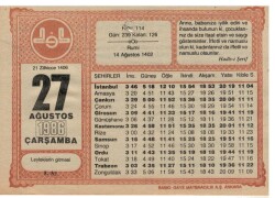 27 Ağustos 1986 Takvim Yaprağı EFM1065 - 1