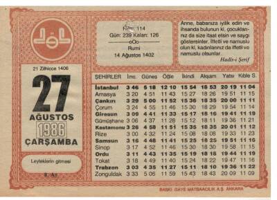 27 Ağustos 1986 Takvim Yaprağı EFM1065 - 1