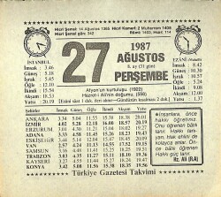 27 Ağustos 1987 Takvim Yaprağı - Doğum Günü Hediyesi EFMN13870 - Gökçekoleksiyon