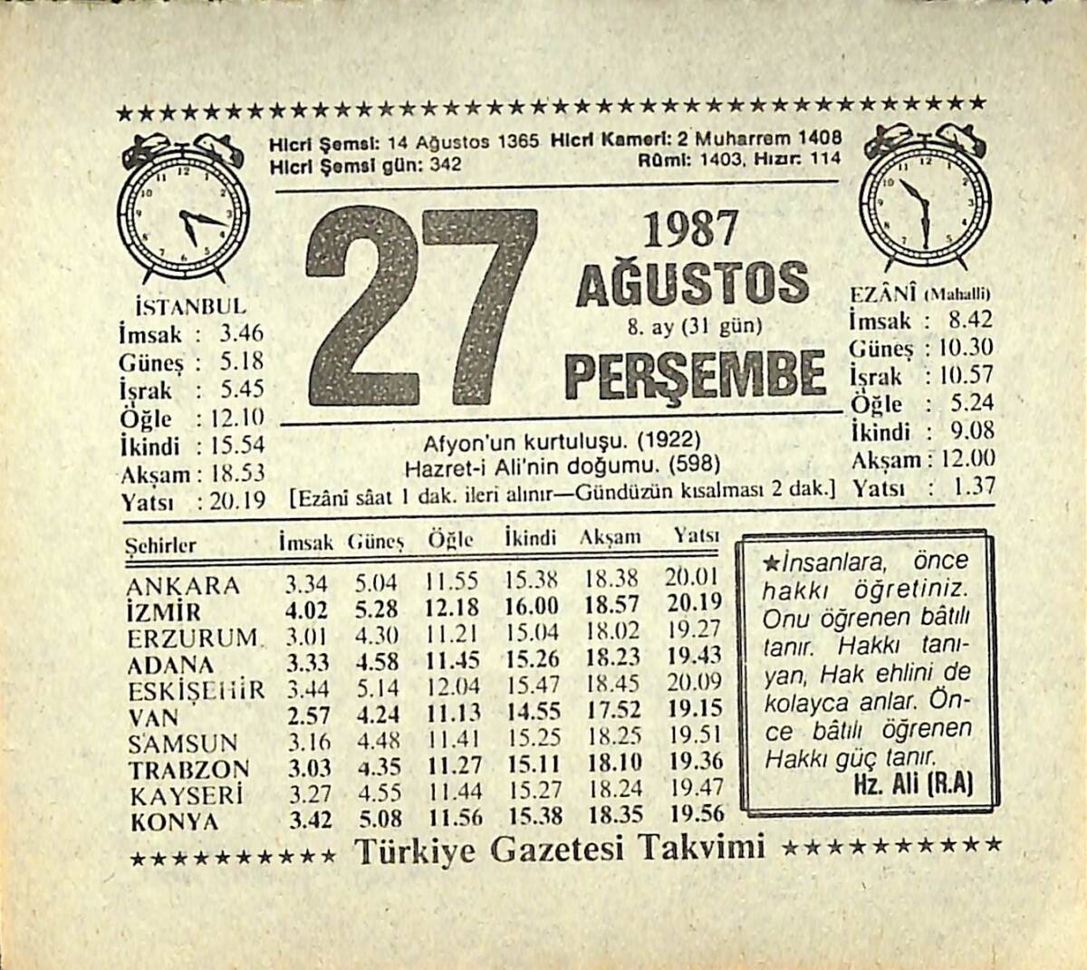 27 Ağustos 1987 Takvim Yaprağı - Doğum Günü Hediyesi EFMN13870 - 1