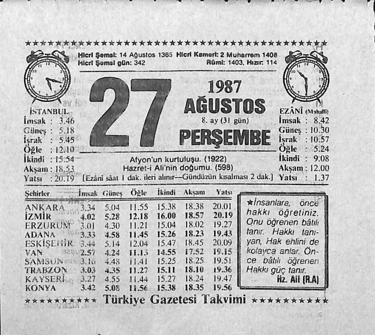 27 Ağustos 1987 Takvim Yaprağı - Doğum Günü Hediyesi EFMN13931 - 1