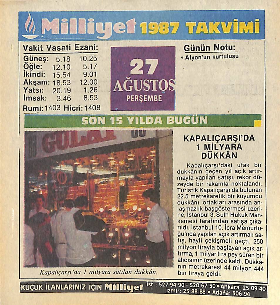 27 Ağustos 1987 Takvim Yaprağı - Doğum Günü Hediyesi EFMN14091 - 1