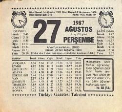 27 Ağustos 1987 Takvim Yaprağı - Doğum Günü Hediyesi EFMN15856 - Gökçekoleksiyon