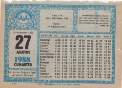 27 Ağustos 1988 Takvim Yaprağı EFM(N)2527 - 1