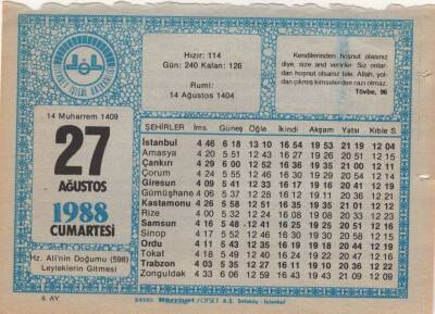 27 Ağustos 1988 Takvim Yaprağı EFM(N)2527 - 1