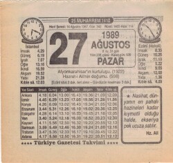 27 Ağustos 1989 Takvim Yaprağı EFM(N)2528 - 1